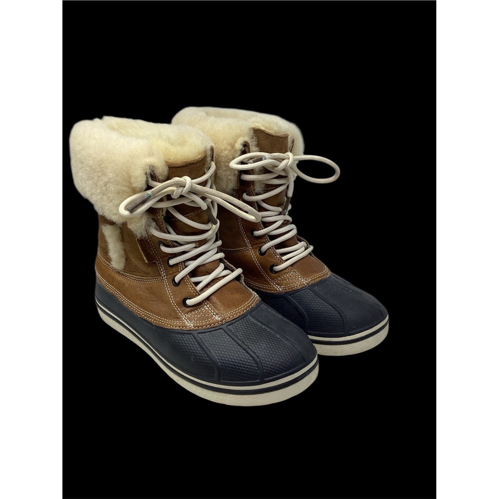 Crocs Boots AllCast Luxe II W Sz 8 Brown Leather Duck Faux Fur Lining Snow Rain